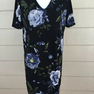 Christian Siriano Black Floral Shift Dress Blue Rose Print - Large V-Neck NWT